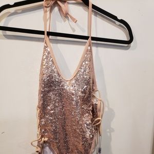 Zira decorative sequins bath suit peach